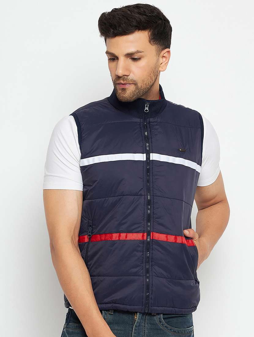 men solids sleeveless bomber jacket