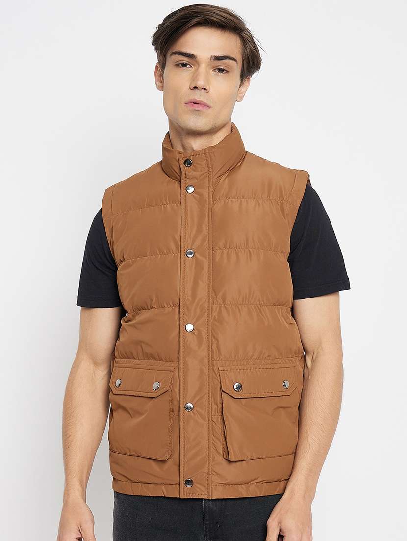 men brown solids quilted jacket