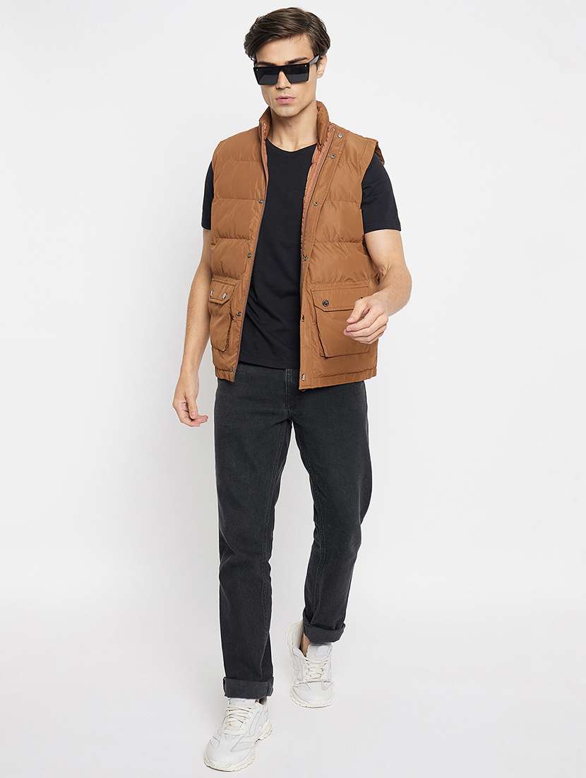 men brown solids quilted jacket - 21520988 -  Standard Image - 3