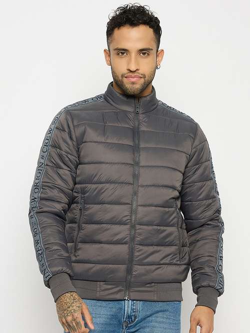 Men Grey Polyester Bomber Jacket