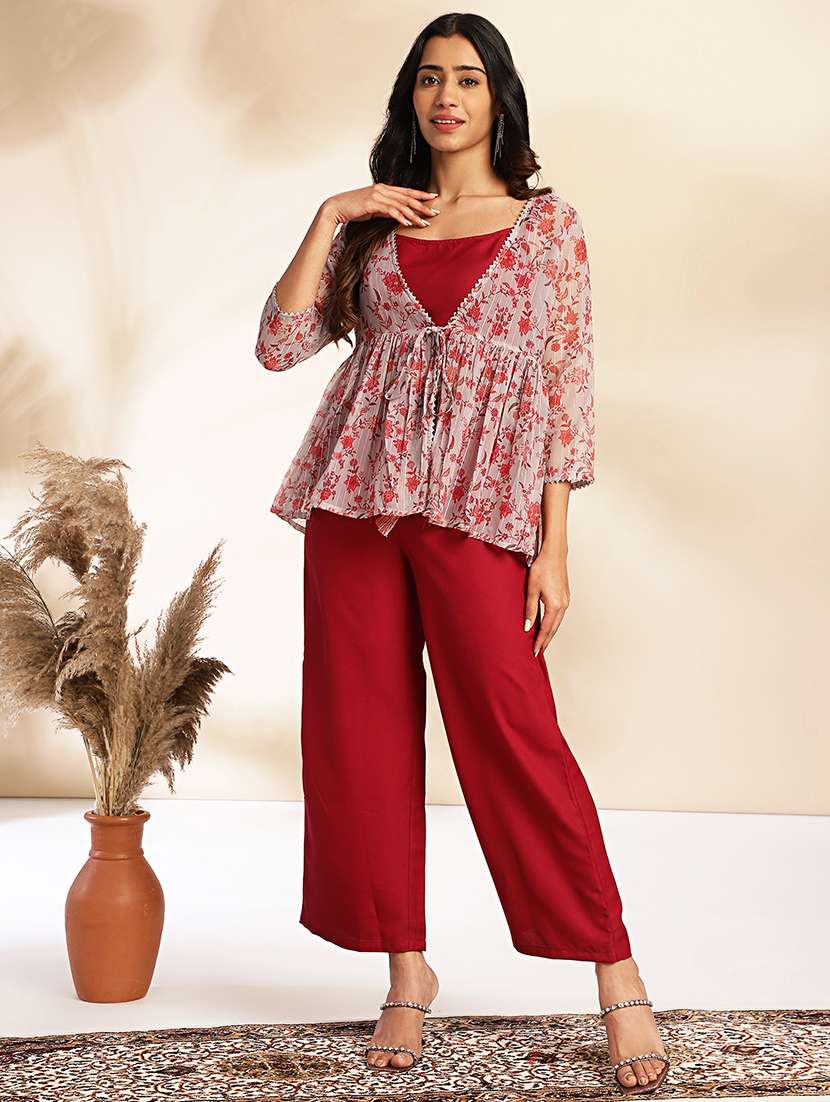 women maroon top pants set