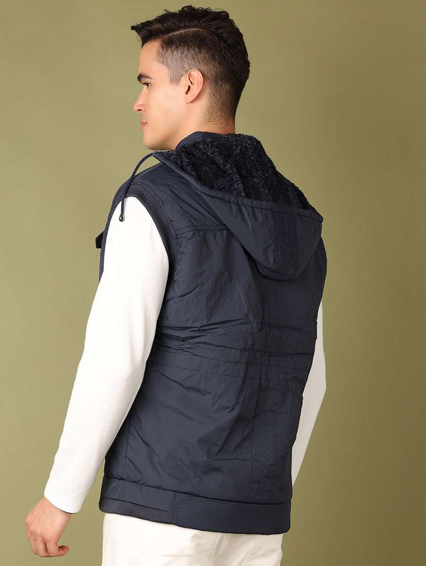 men navy blue solid sleeveless bomber jacket - 21521170 -  Standard Image - 3