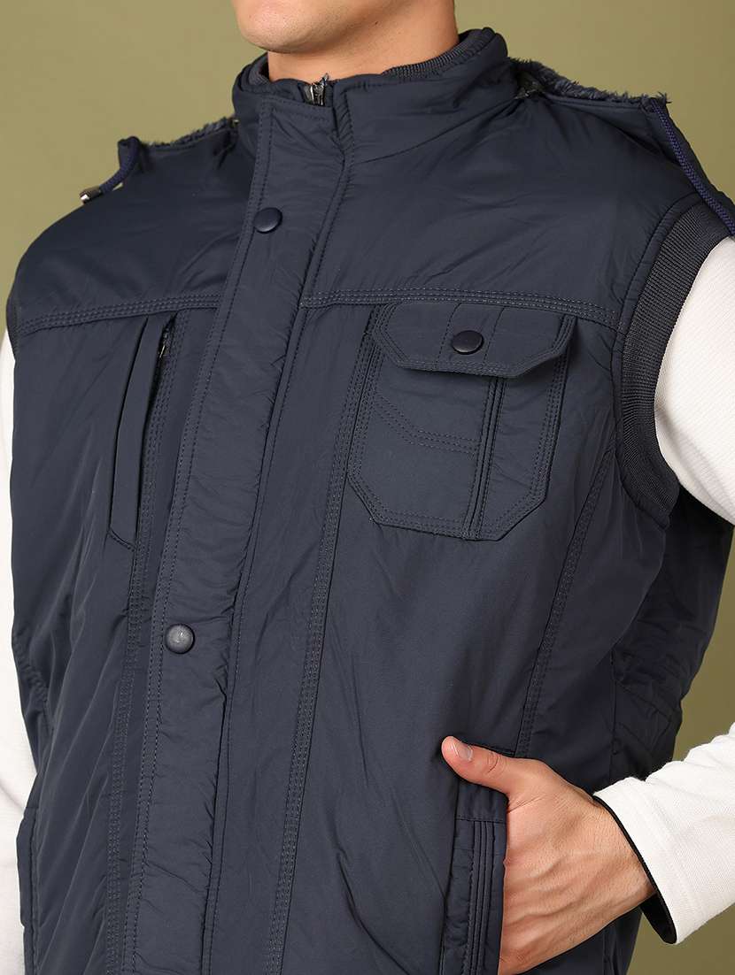 men navy blue solid sleeveless bomber jacket - 21521170 -  Standard Image - 5