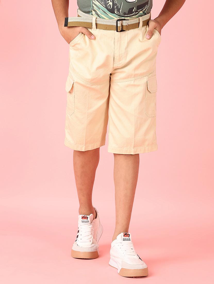 boys beige solid mid rise three fourth shorts