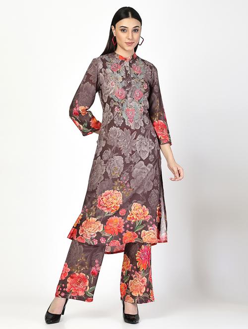 women brown floral kurta pant set - 21521938 - Standard Image - 0