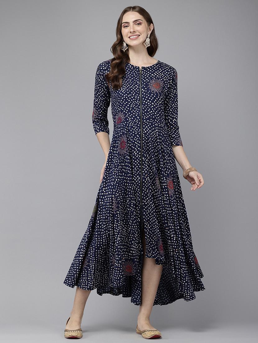 women blue printed a-line kurta