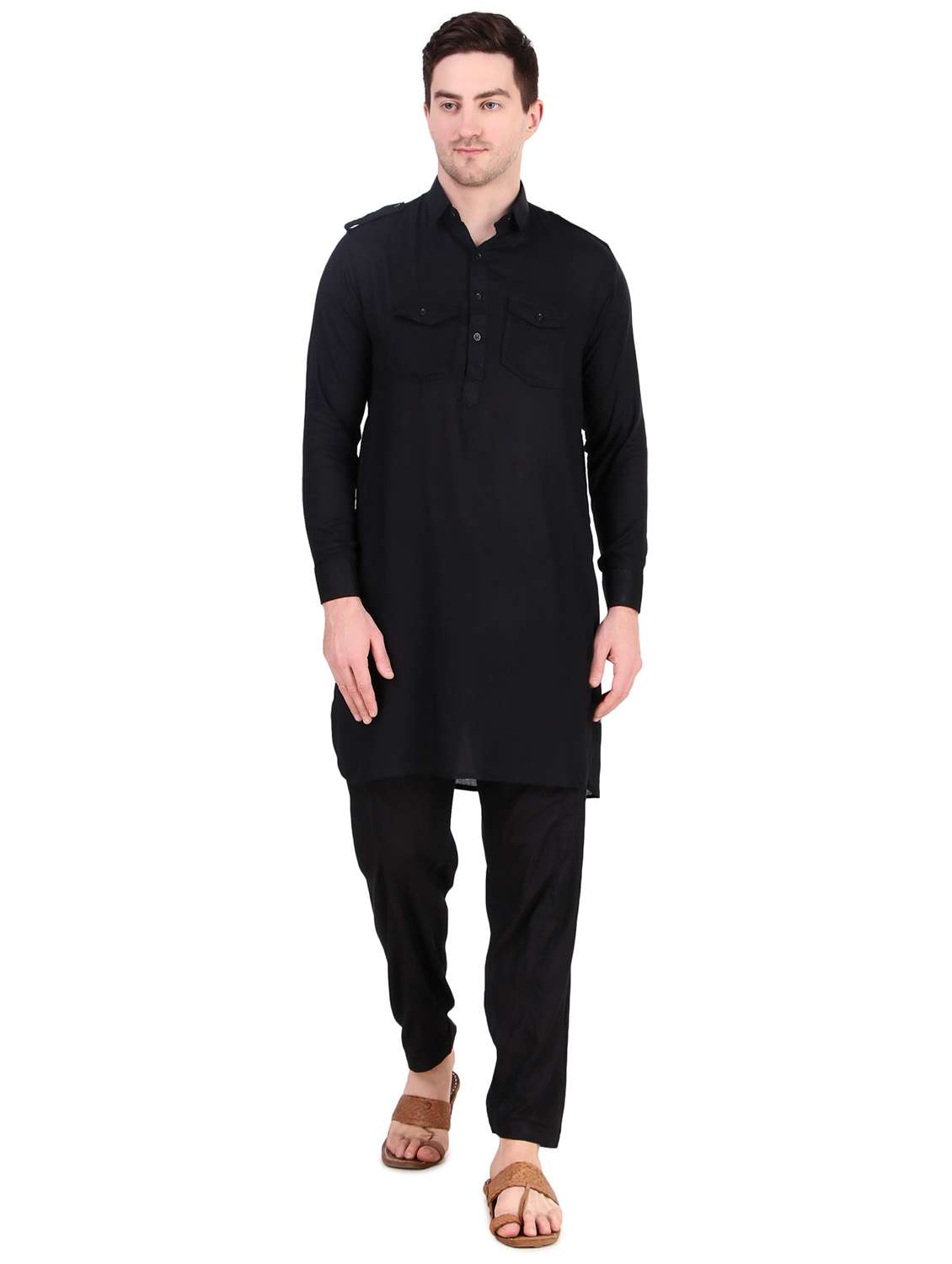 men black solid kurta churidar ethnic wear set