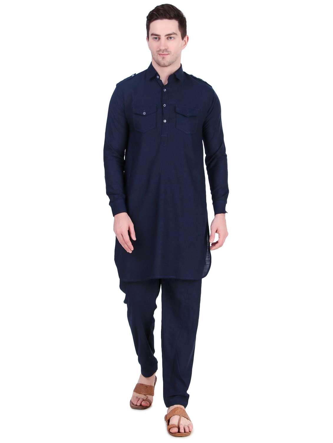 men long sleeve solid kurta churidar set