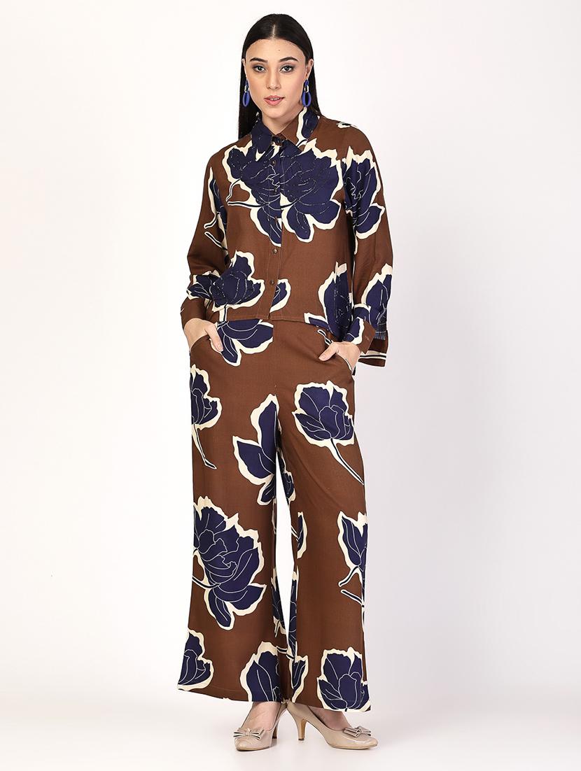 women brown rayon top and trouser co-ord set