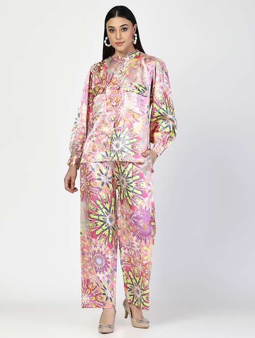 women multi colored satin top and trouser co-ord set - 21522325 -  Standard Image - 0