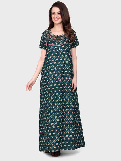 women teal cotton nighty - 21522422 - Standard Image - 0