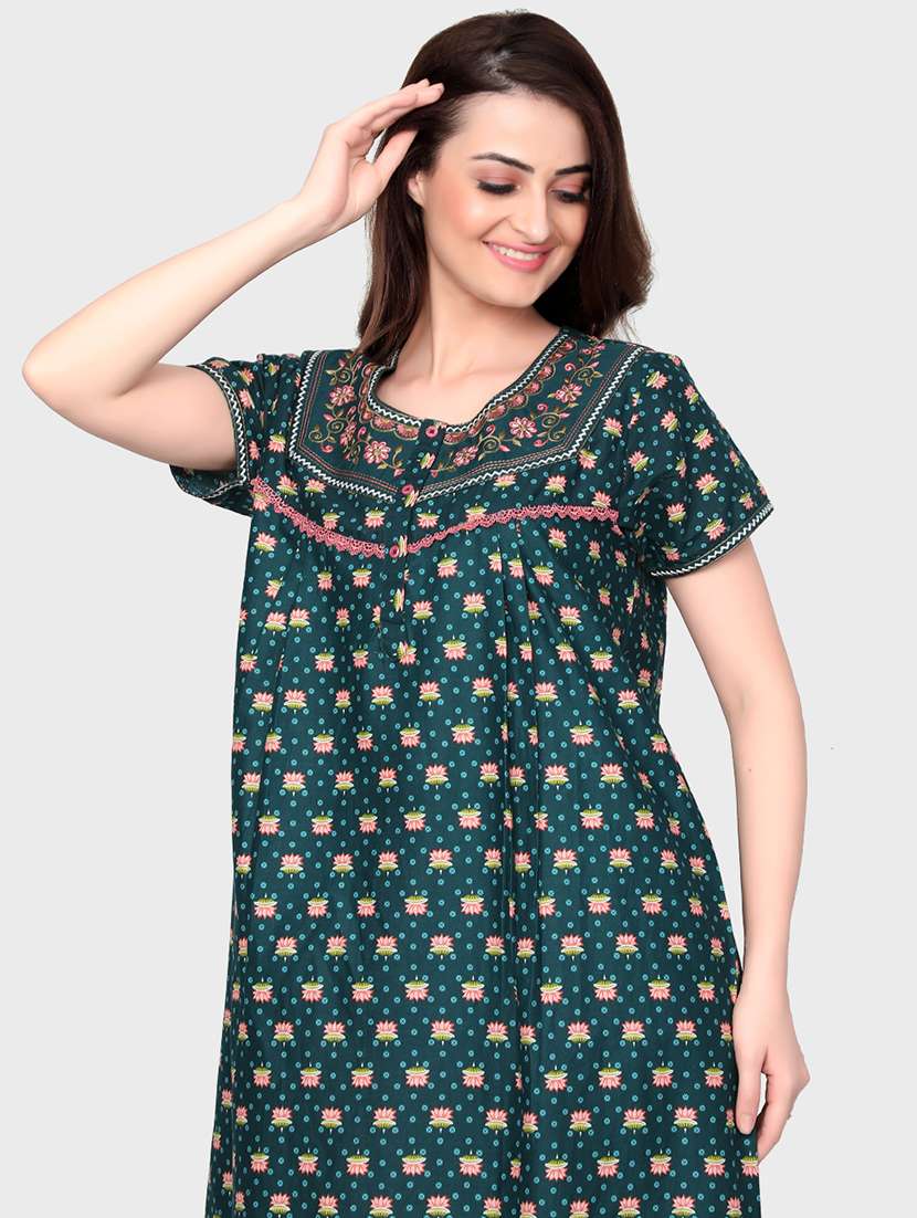 women teal cotton nighty - 21522422 - Standard Image - 3