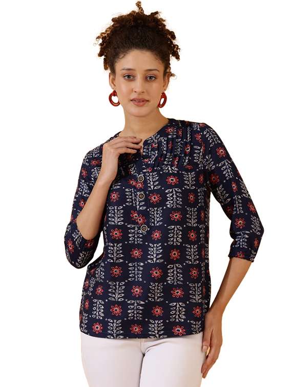 women blue block printed straight top