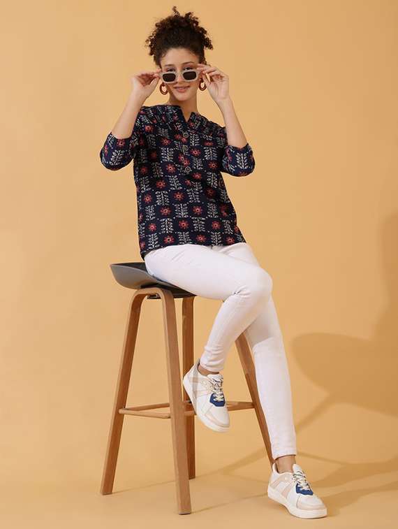 women blue block printed straight top - 21522428 - Standard Image - 3