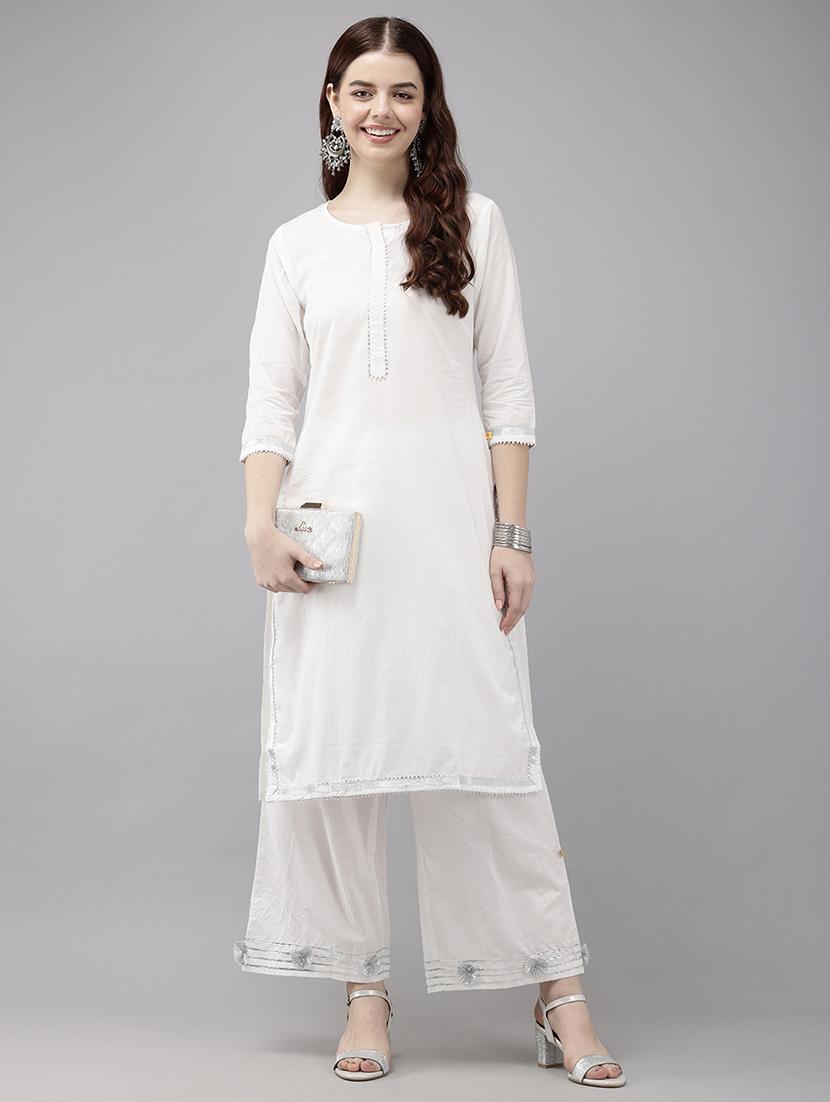 women white solid with work kurta palazzo set 