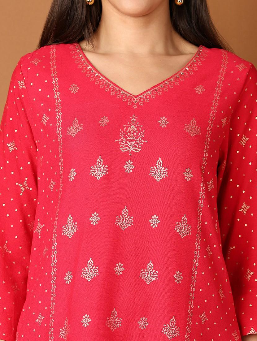 women red three quarter sleeve a-line kurta - 21522885 - Standard Image - 5