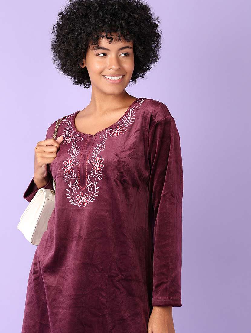 women solid with work long sleeve kurta pant set