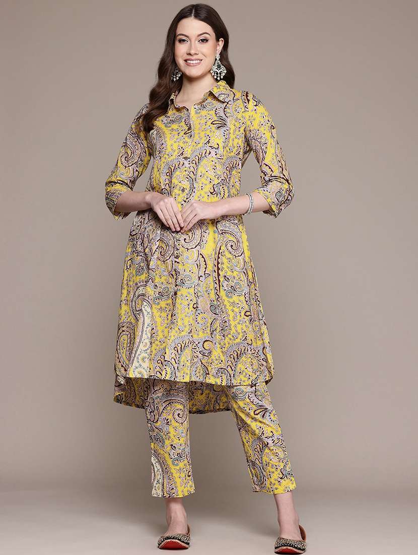 women paisley shirt collar kurta pant set