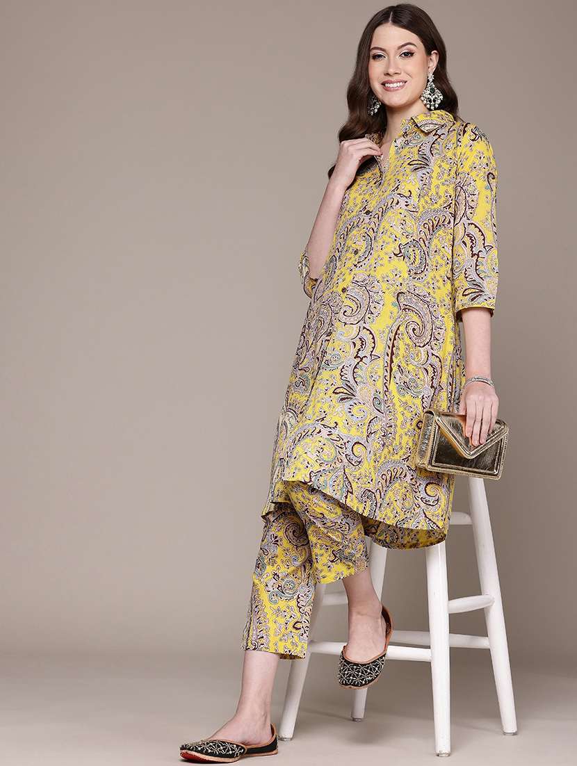 women paisley shirt collar kurta pant set - 21523106 -  Standard Image - 3