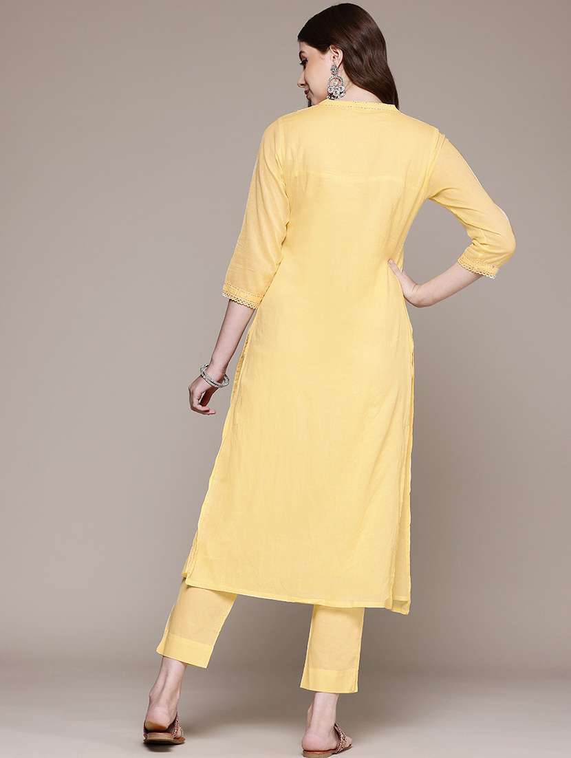 women solid with work notch neck kurta pant set - 21523120 -  Standard Image - 3
