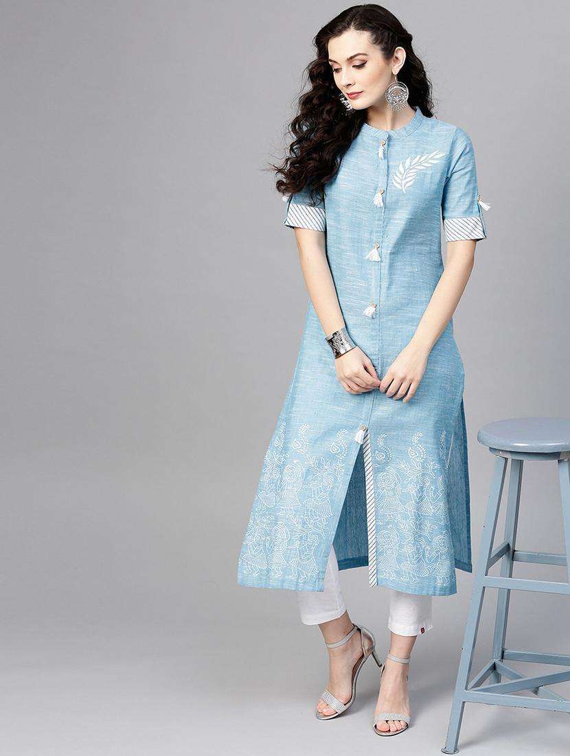 women light blue mandarin neck front slit kurta