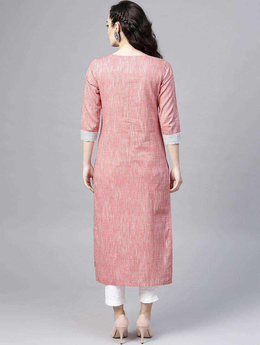 women peach round neck straight kurta - 21523177 -  Standard Image - 3