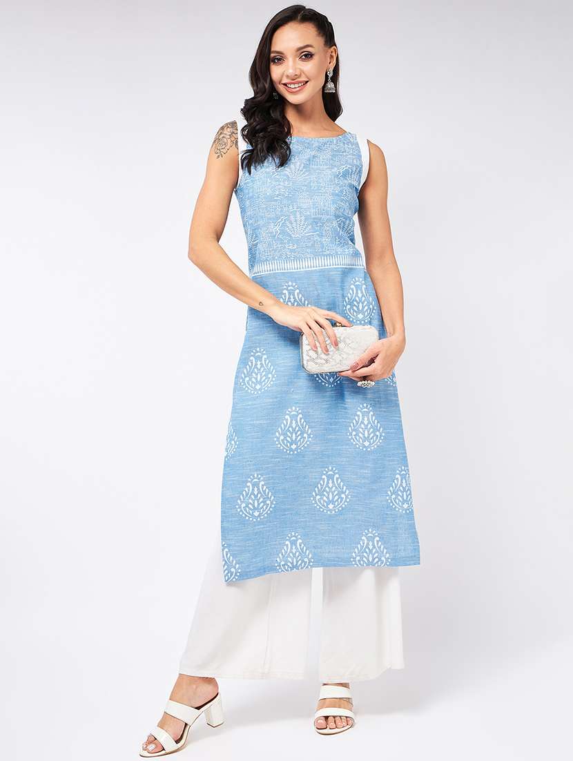 women light blue round neck straight kurta - 21523205 -  Standard Image - 3