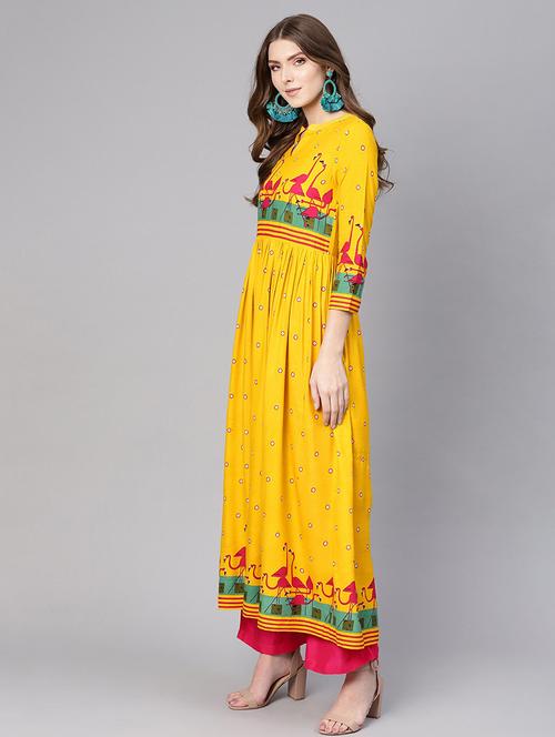 women yellow mandarin neck flared kurta - 21523210 - Standard Image - 0