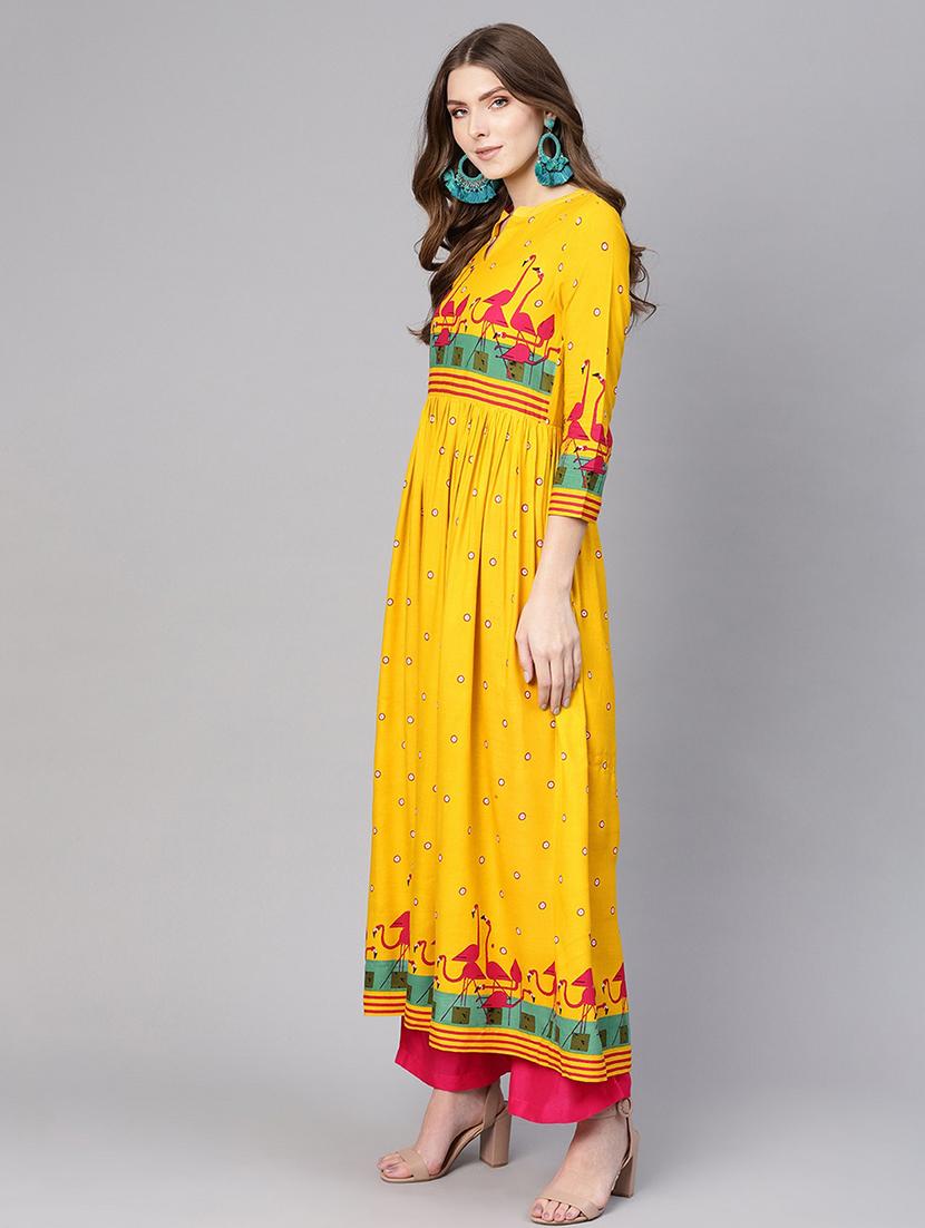 women yellow mandarin neck flared kurta - 21523210 - Zoom Image - 0