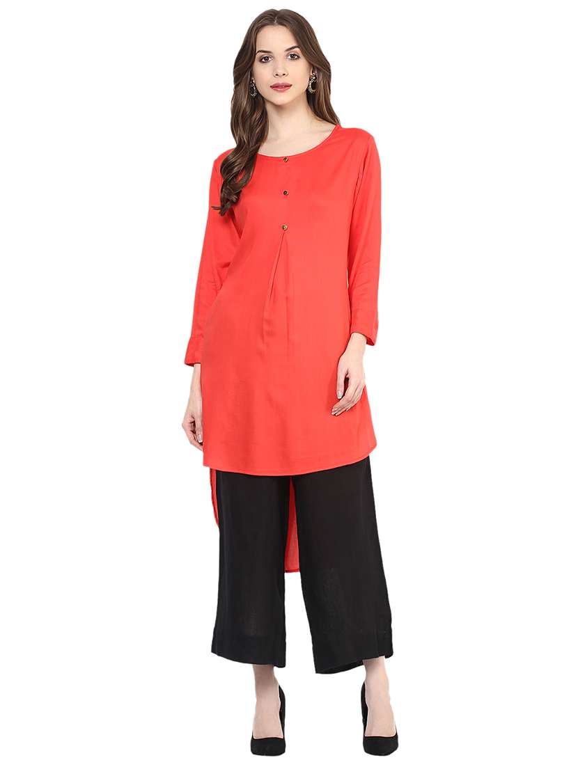 women red round neck high-low kurta