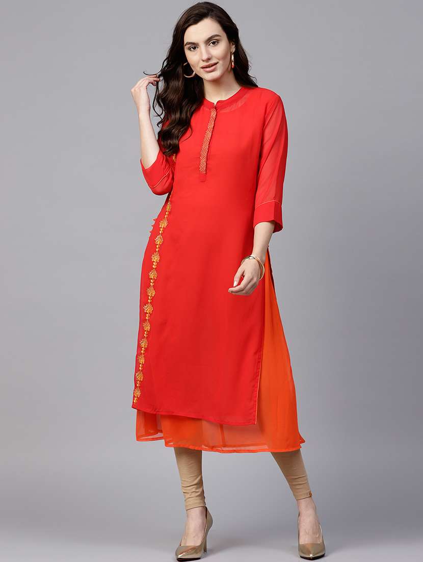 women red mandarin neck layered kurta - 21523212 - Zoom Image - 0