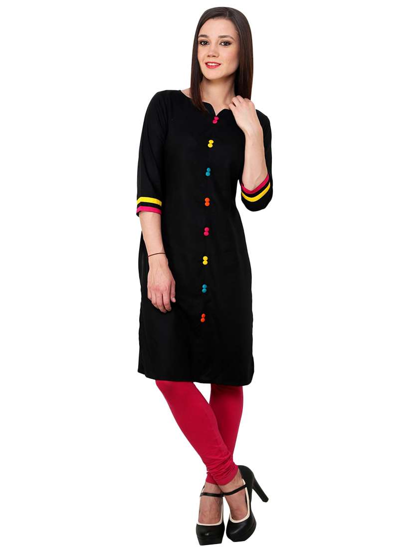 women black notch neck straight kurta - 21523217 - Zoom Image - 0