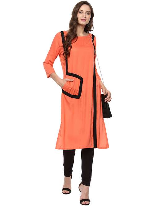 women orange round neck straight kurta - 21523220 -  Standard Image - 0
