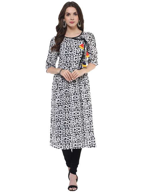 women black printed overlap neck a-line kurta - 21523230 -  Standard Image - 0