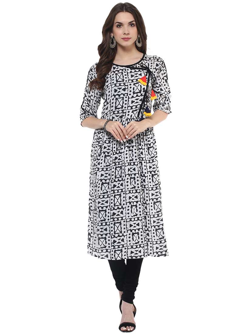 women black printed overlap neck a-line kurta