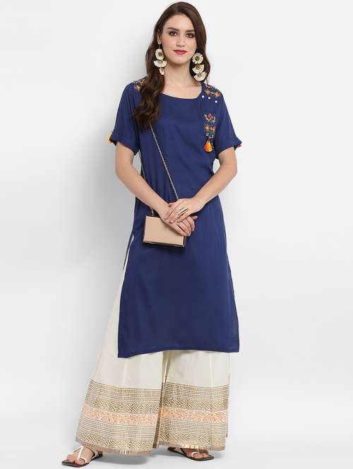 women navy blue round neck straight kurta - 21523234 - Standard Image - 0