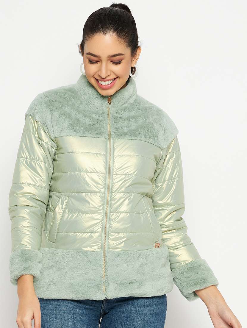 women solid long sleeves quilted jacket