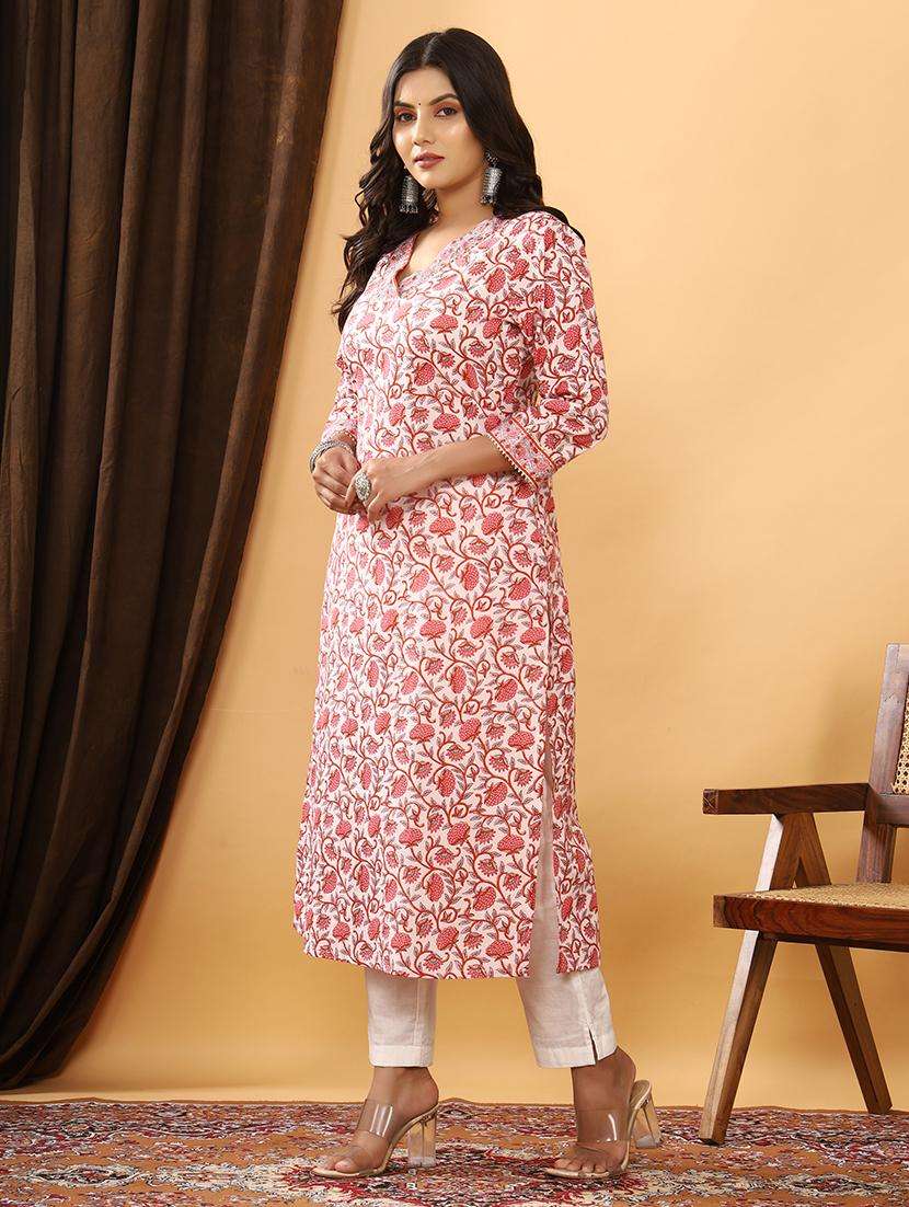women floarl three quarter sleeve straight kurta - 21523707 -  Standard Image - 3