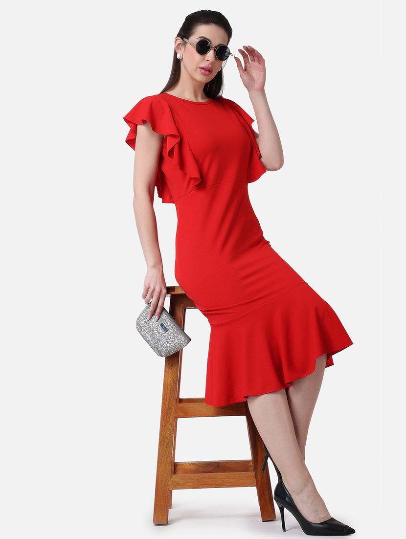 women solid cap sleeves ruffled dress - 21523764 - Standard Image - 5