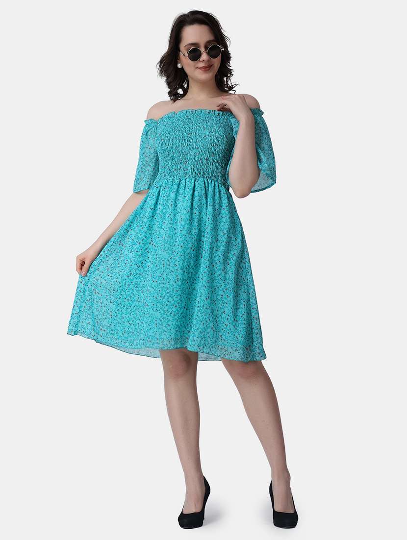 women printed off shoulder smock detailed dress - 21523766 - Zoom Image - 0