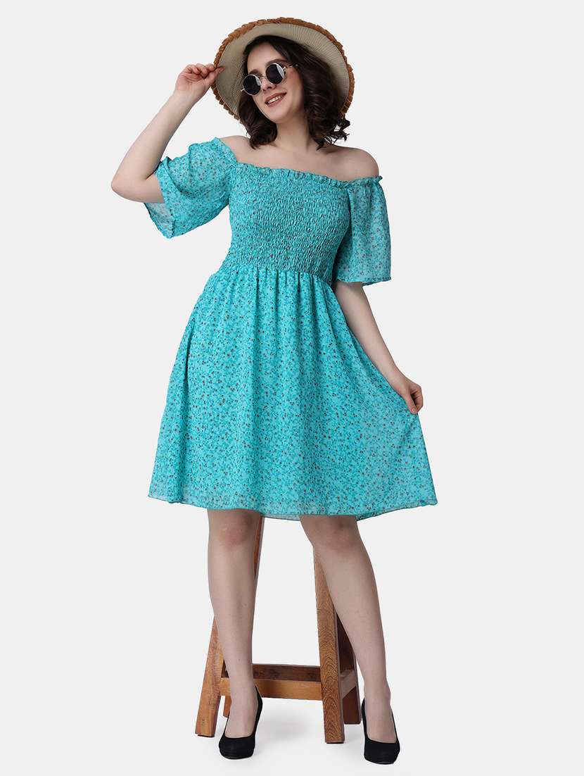 women printed off shoulder smock detailed dress - 21523766 - Standard Image - 5