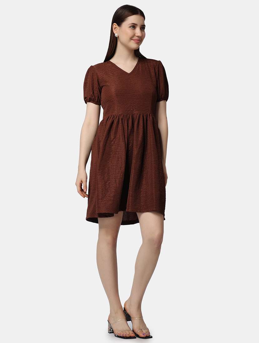 women solid puff sleeves fit & flare dress - 21523768 -  Standard Image - 3