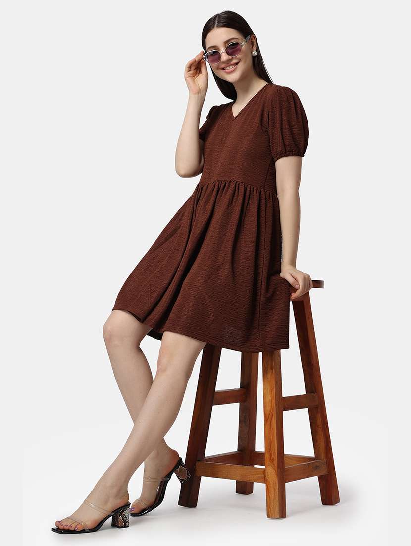 women solid puff sleeves fit & flare dress - 21523768 -  Standard Image - 5