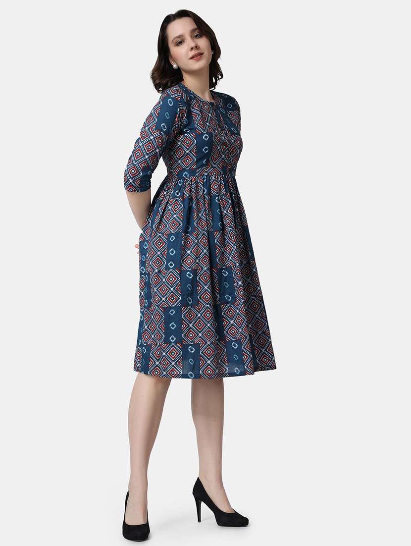 women printed round neck fit & flare dress - 21523774 -  Standard Image - 3