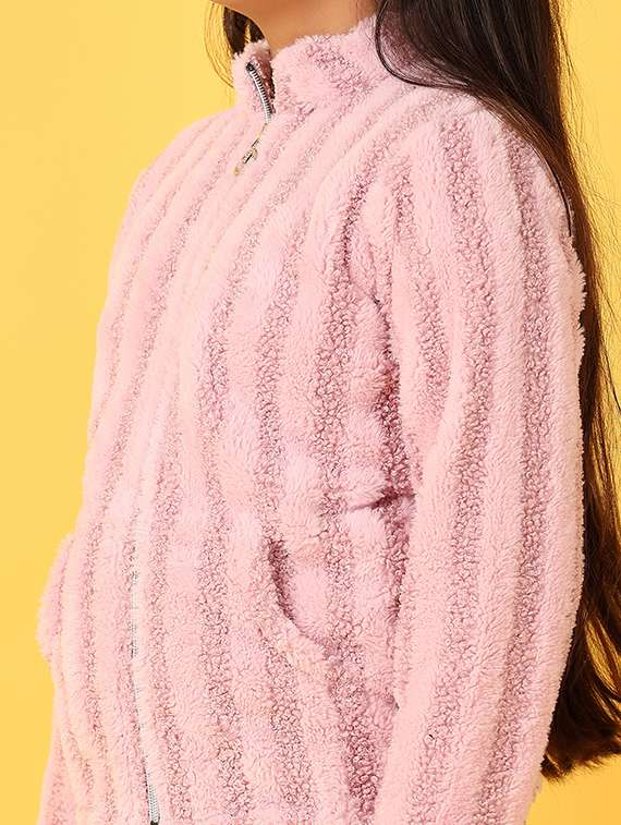 girls plain stand collar fur zip-up jacket - 21524061 -  Standard Image - 5