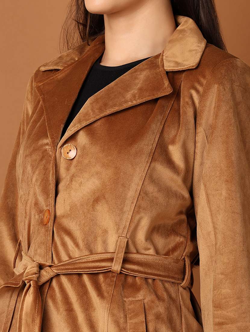 women brown solid full sleeve trench coat - 21524072 -  Standard Image - 5