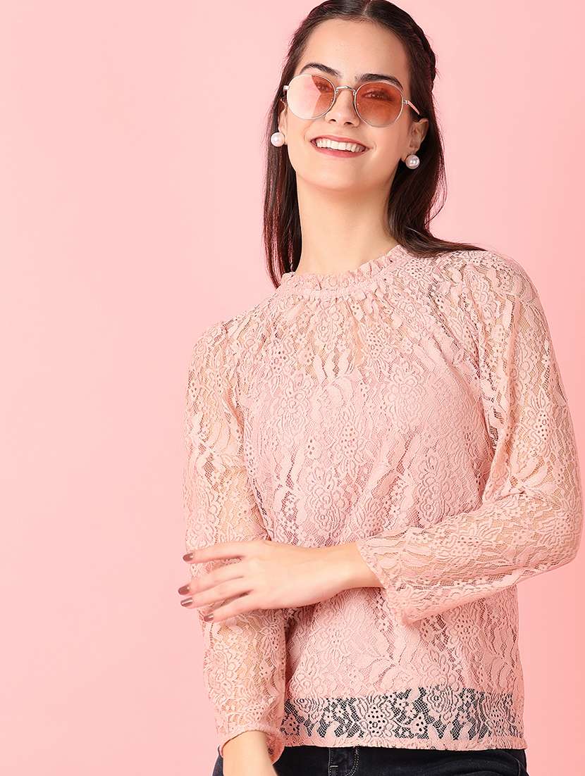 women peach lace detailed round neck top - 21524307 - Standard Image - 3