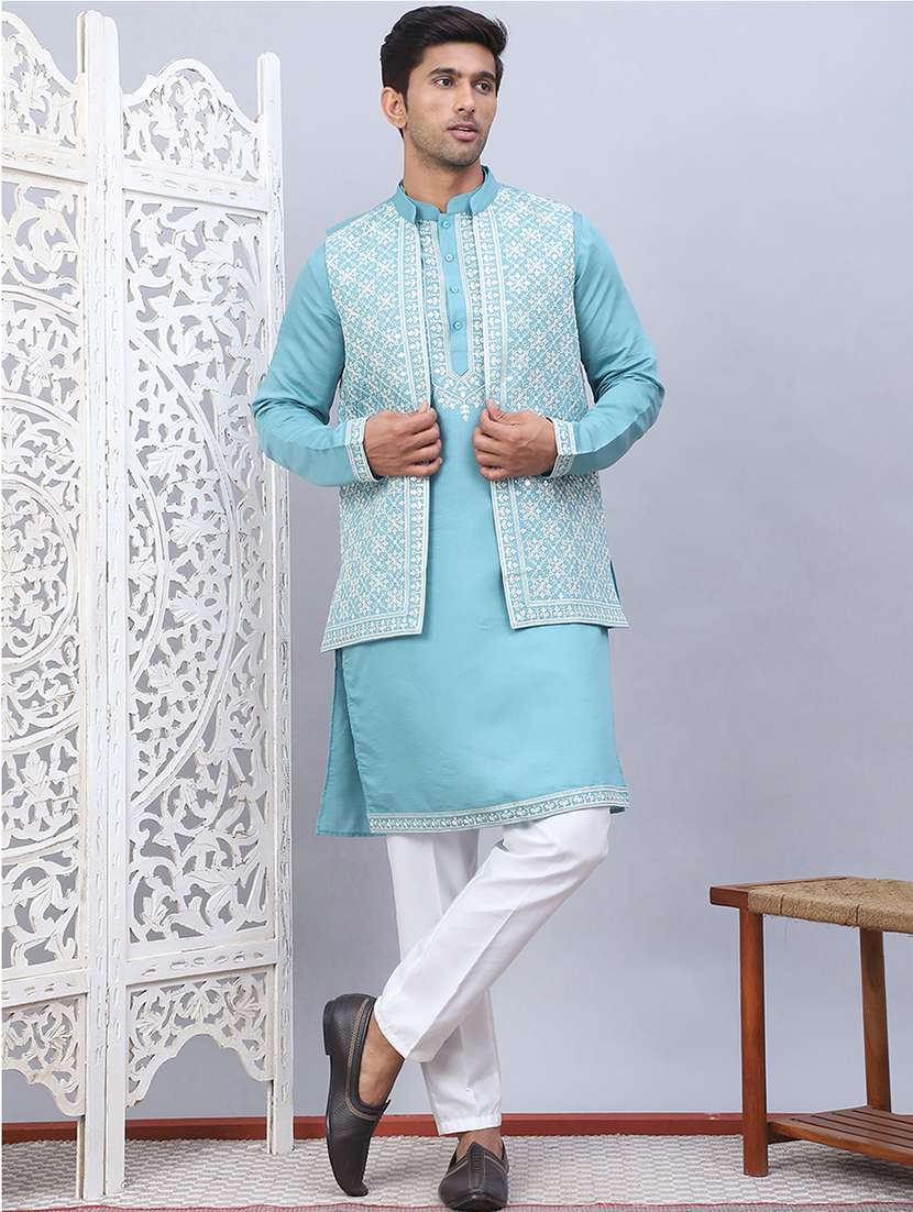 men embroidered mandarin neck kurta pyjama with jacket ethnic wear set - 21524843 -  Zoom Image - 0