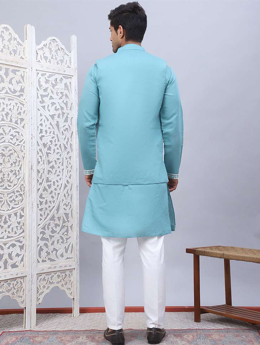 men embroidered mandarin neck kurta pyjama with jacket ethnic wear set - 21524843 - Standard Image - 3