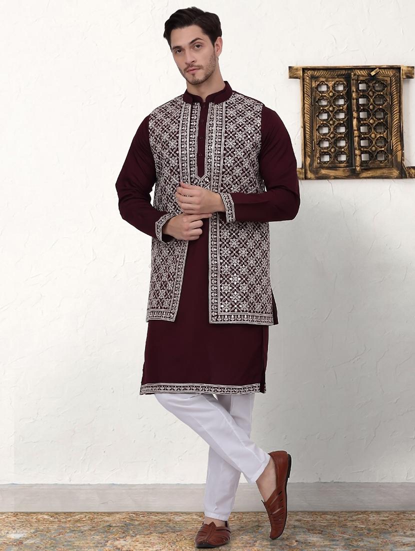 men embroidered mandarin neck kurta pyjama with jacket ethnic wear set - 21524849 -  Zoom Image - 0